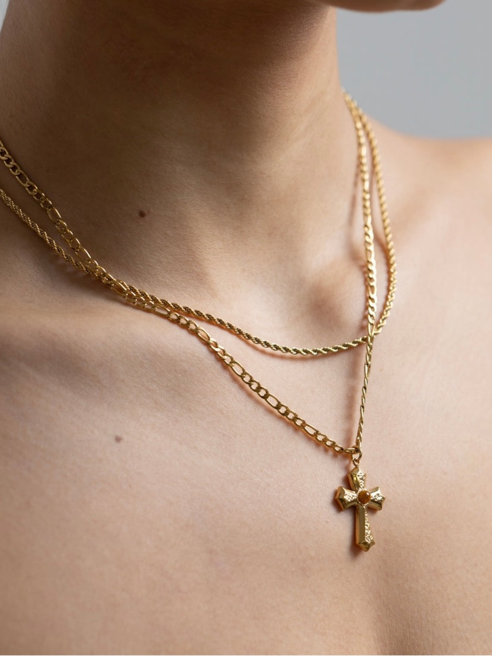 18K Gold Cross Pendant Layered Necklace - Tigers Eye